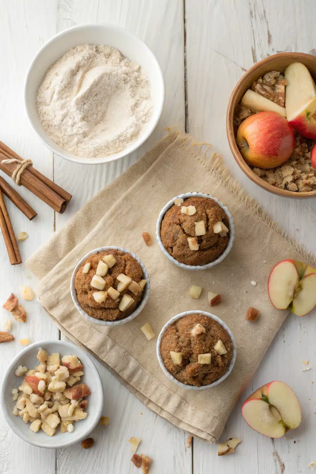 Apple Spice Muffins beautifully presented from an overhead angle