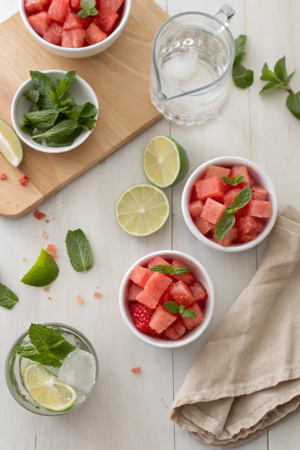 Watermelon Mojito Mocktail beautifully presented from an overhead angle