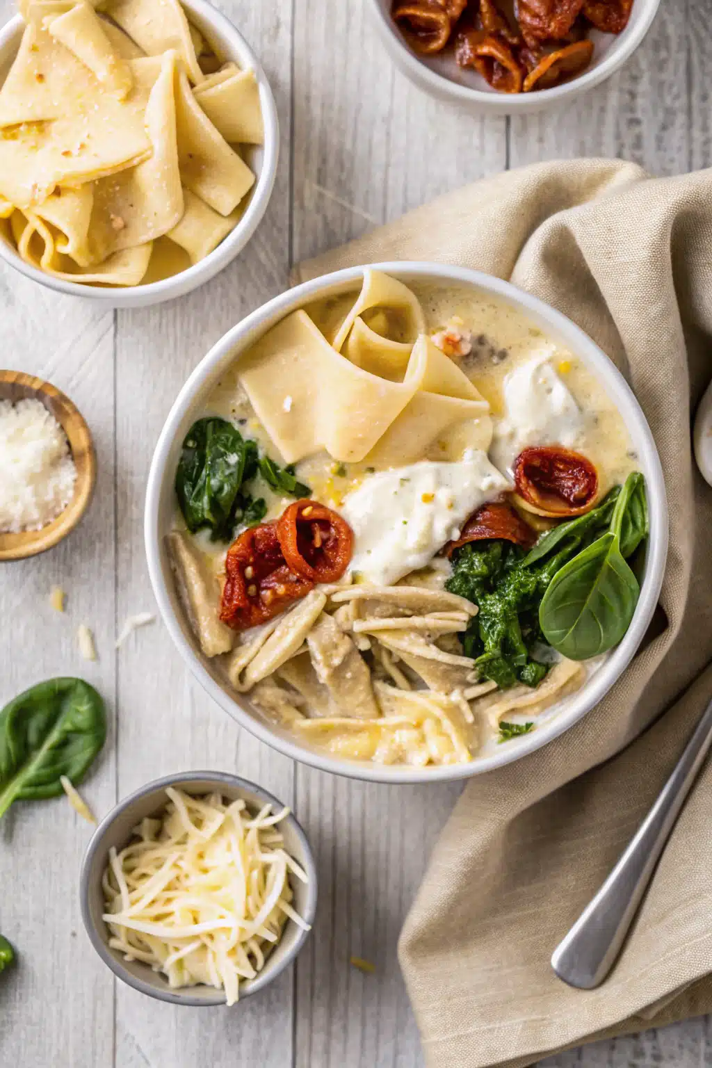 Crockpot White Lasagna Soup beautifully presented from an overhead angle
