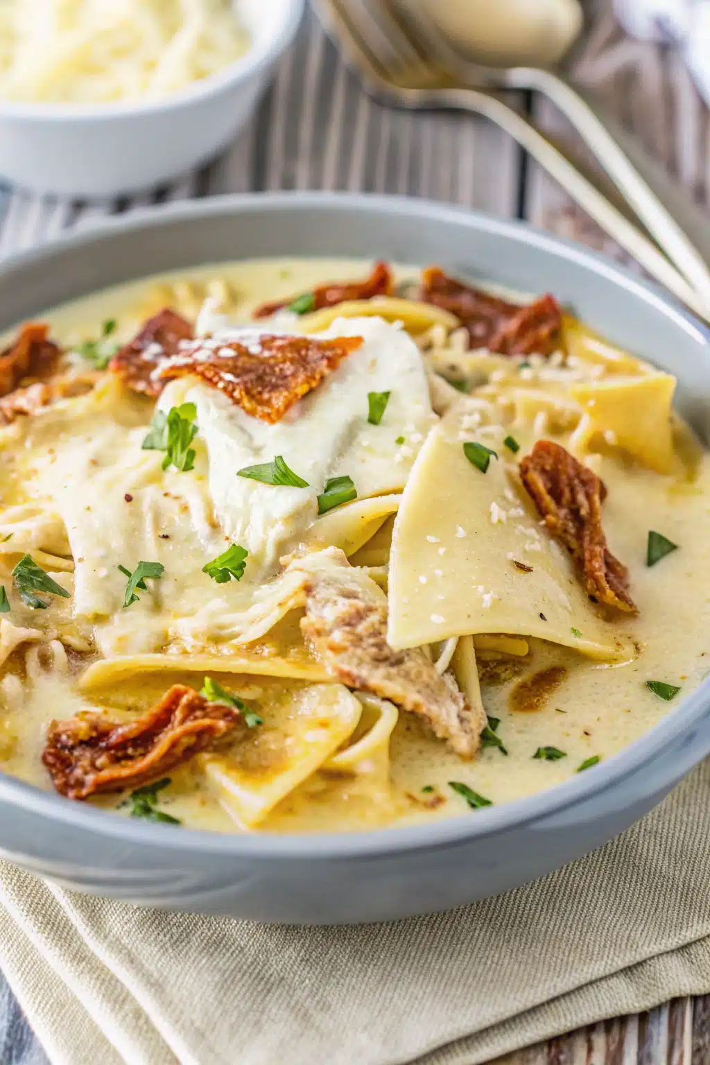 Crockpot White Lasagna Soup slice on plate showing perfect texture and swirl pattern
