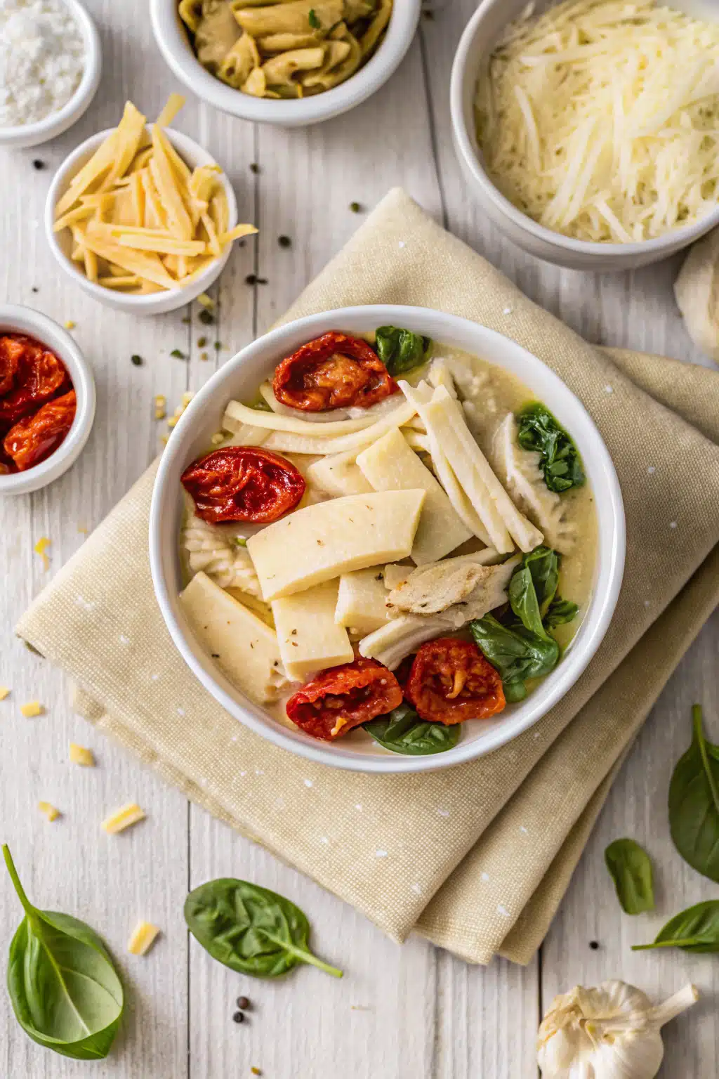 Crockpot White Lasagna Soup beautifully presented from an overhead angle
