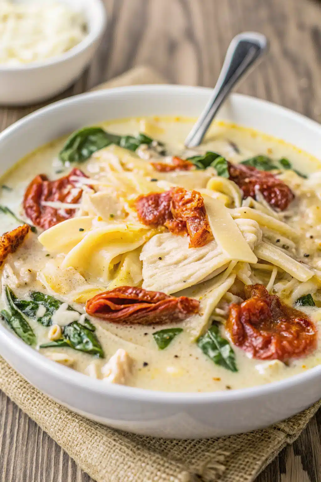 Crockpot White Lasagna Soup slice on plate showing perfect texture and swirl pattern