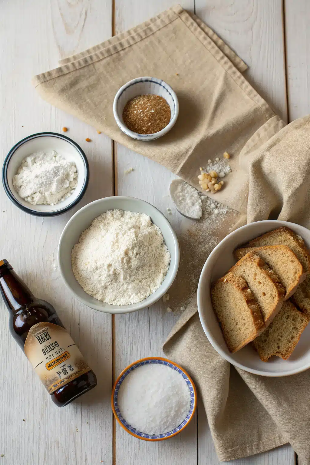 Easy Beer Bread beautifully presented from an overhead angle