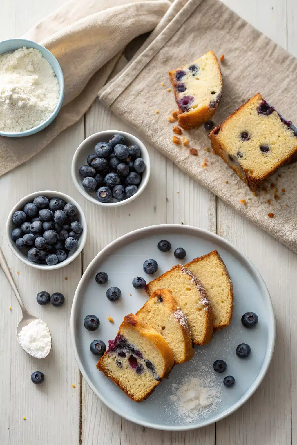 Blueberry Pound Cake beautifully presented from an overhead angle