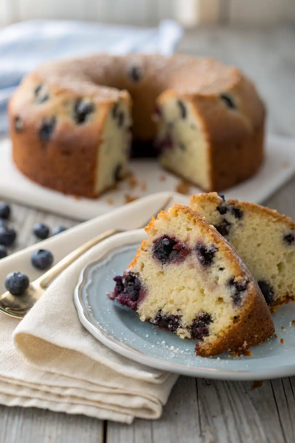 Blueberry Pound Cake slice on plate showing perfect texture and swirl pattern