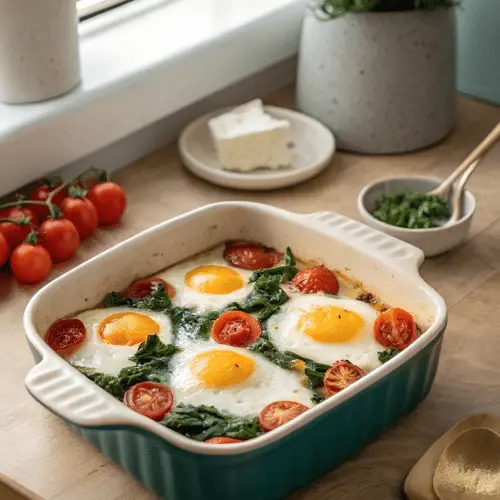 Finished baked eggs with spinach and tomatoes in the reserved kitchen scene