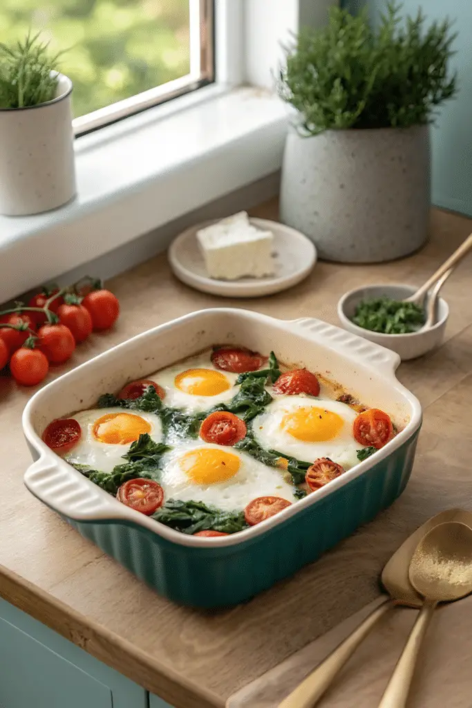 Finished baked eggs with spinach and tomatoes in the reserved kitchen scene