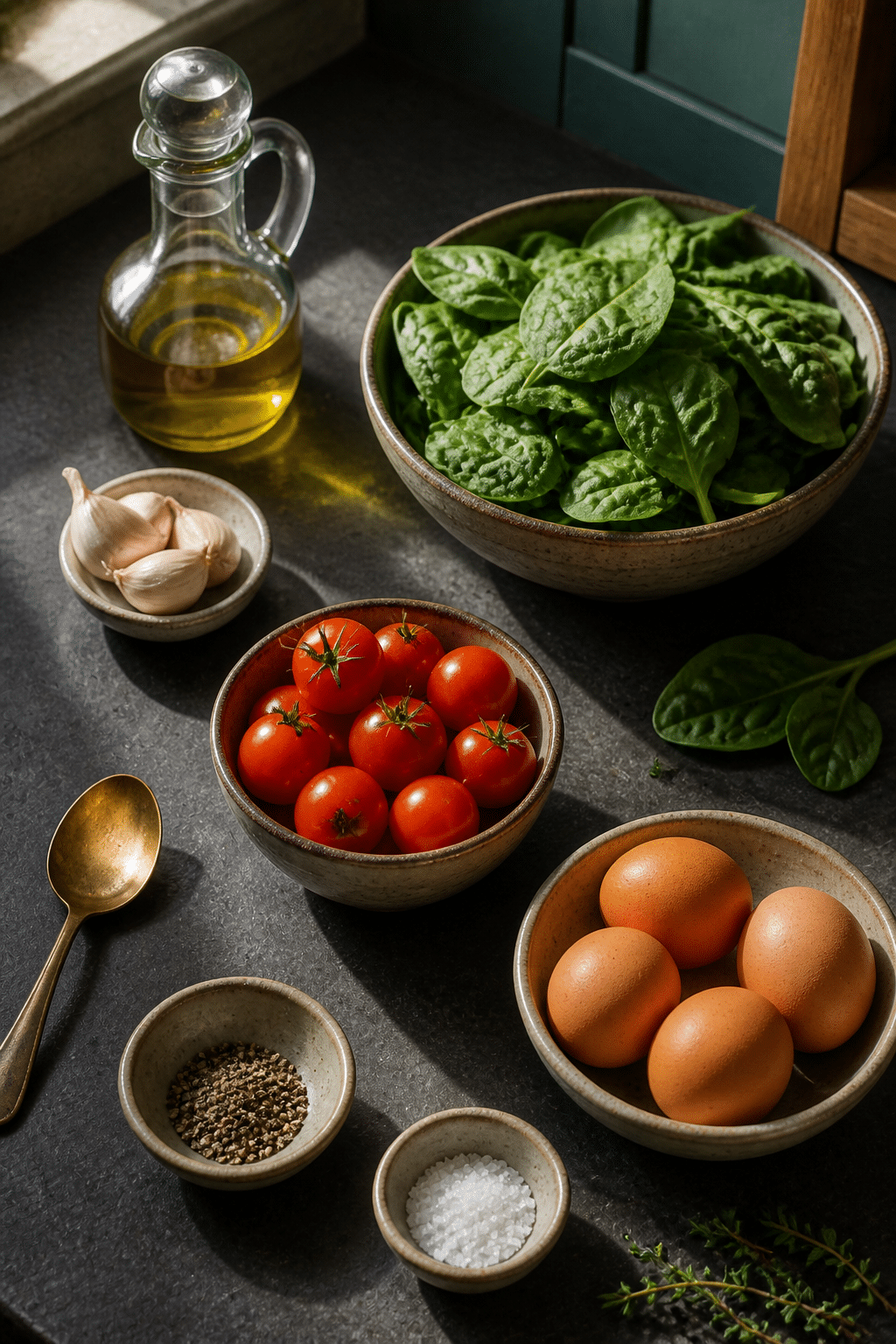 Ingredients measured for baked eggs with spinach and tomatoes