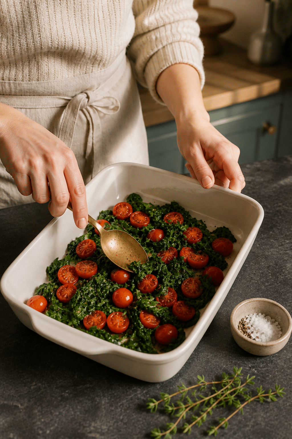 Preparing baked eggs with spinach and tomatoes in the reserved kitchen scene