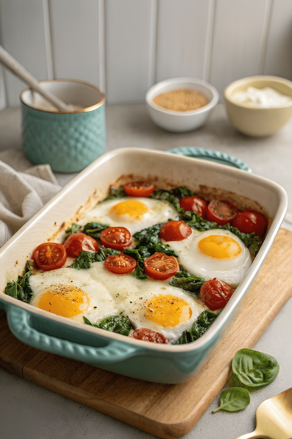 Close view of the finished baked eggs with spinach and tomatoes