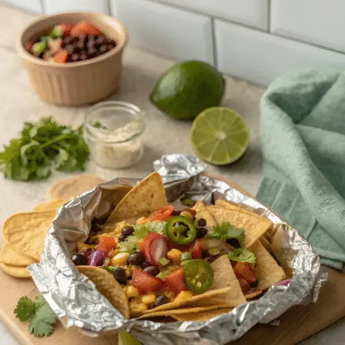 Finished campfire foil packet nachos in the reserved kitchen scene