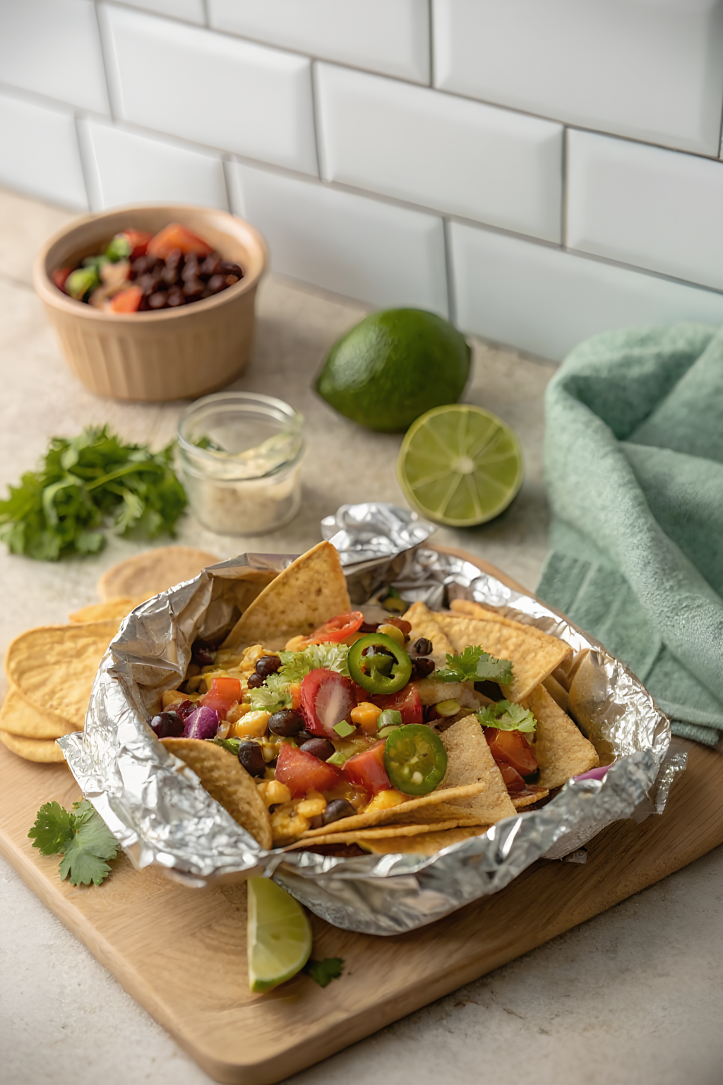 Finished campfire foil packet nachos in the reserved kitchen scene