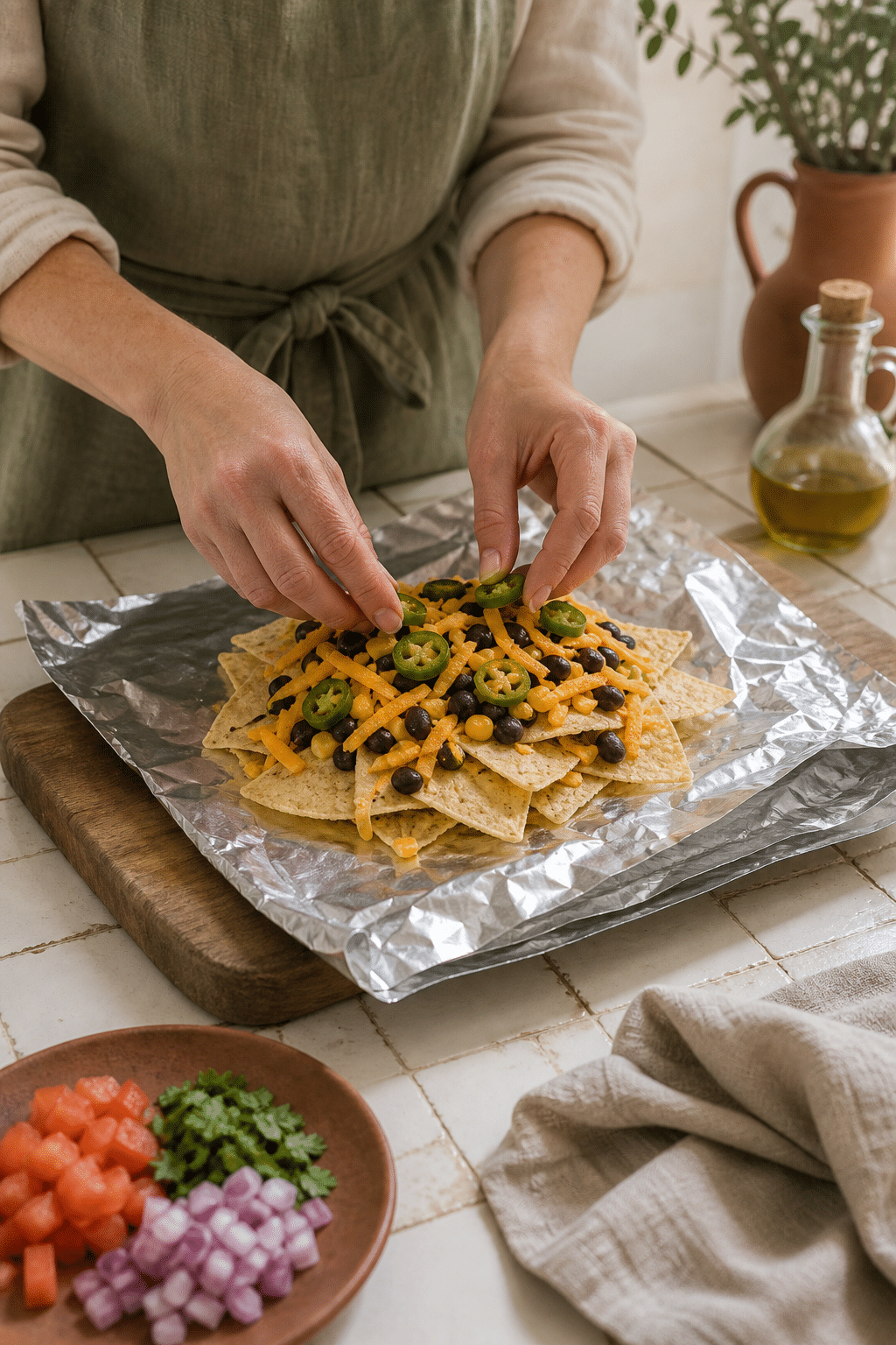 Layering campfire foil packet nachos on heavy-duty foil