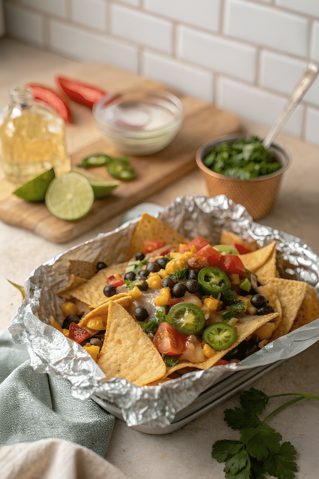 Close view of finished campfire foil packet nachos