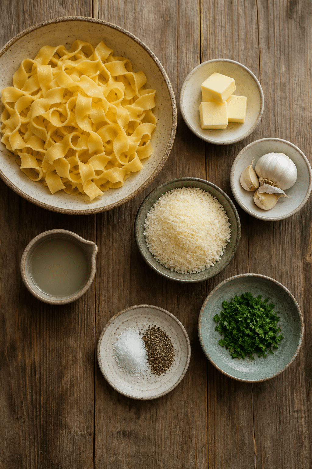 cheesy garlic butter noodles ingredients arranged for preparation