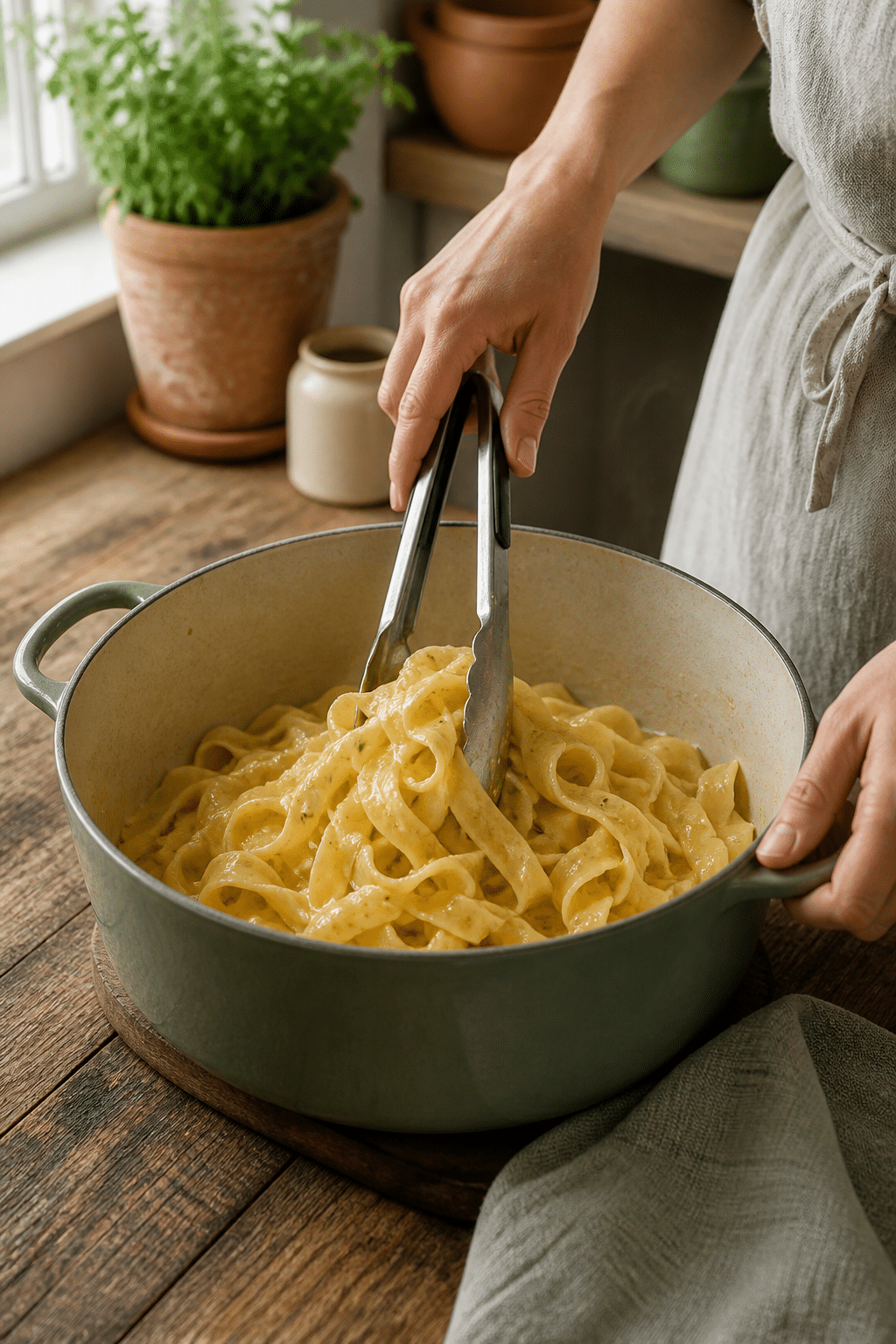 Preparing cheesy garlic butter noodles in the reserved kitchen scene