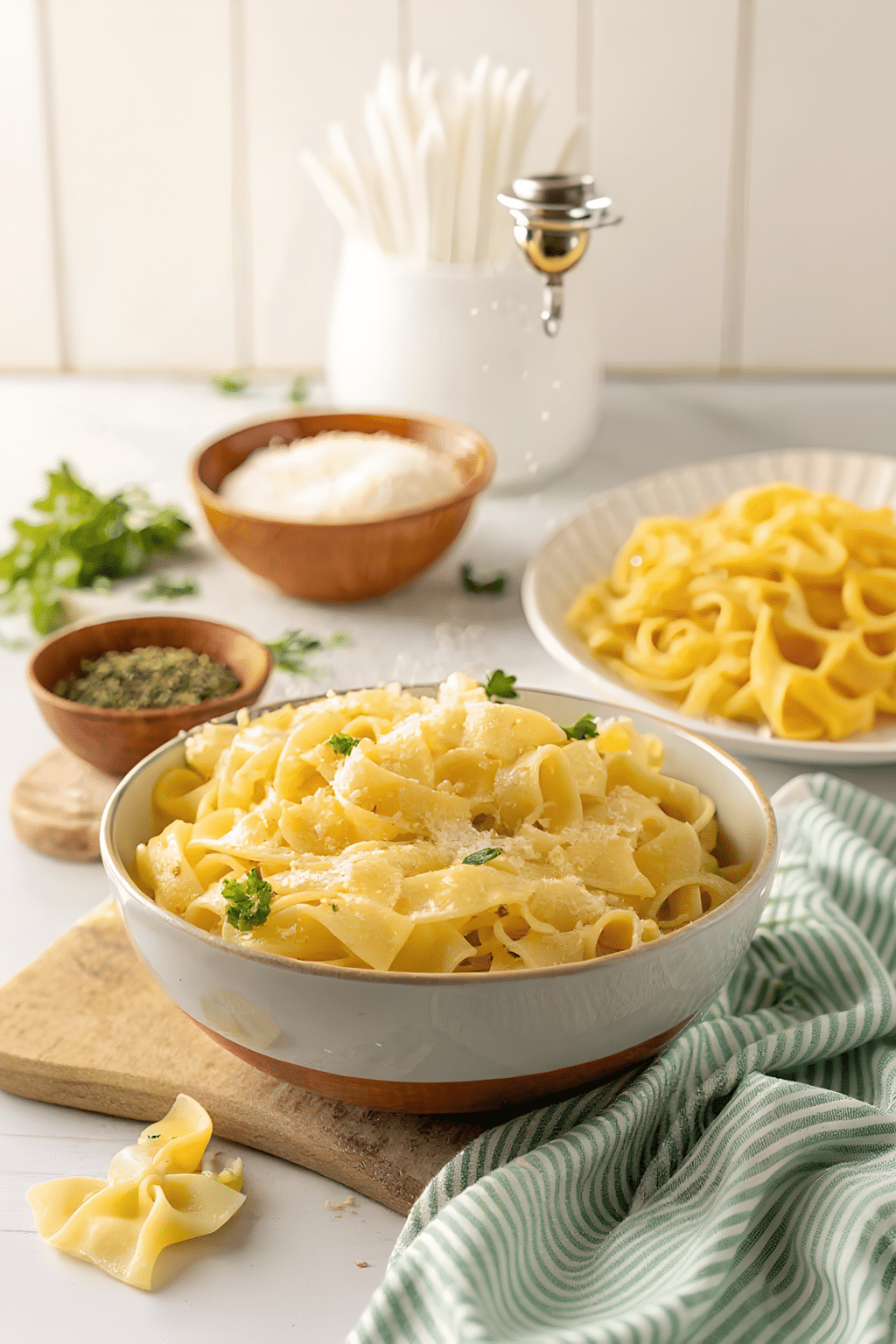 Close view of finished cheesy garlic butter noodles