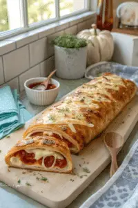 Cheesy pepperoni stromboli sliced to show mozzarella and pepperoni