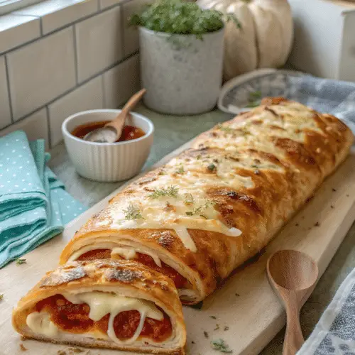 Cheesy pepperoni stromboli sliced to show mozzarella and pepperoni