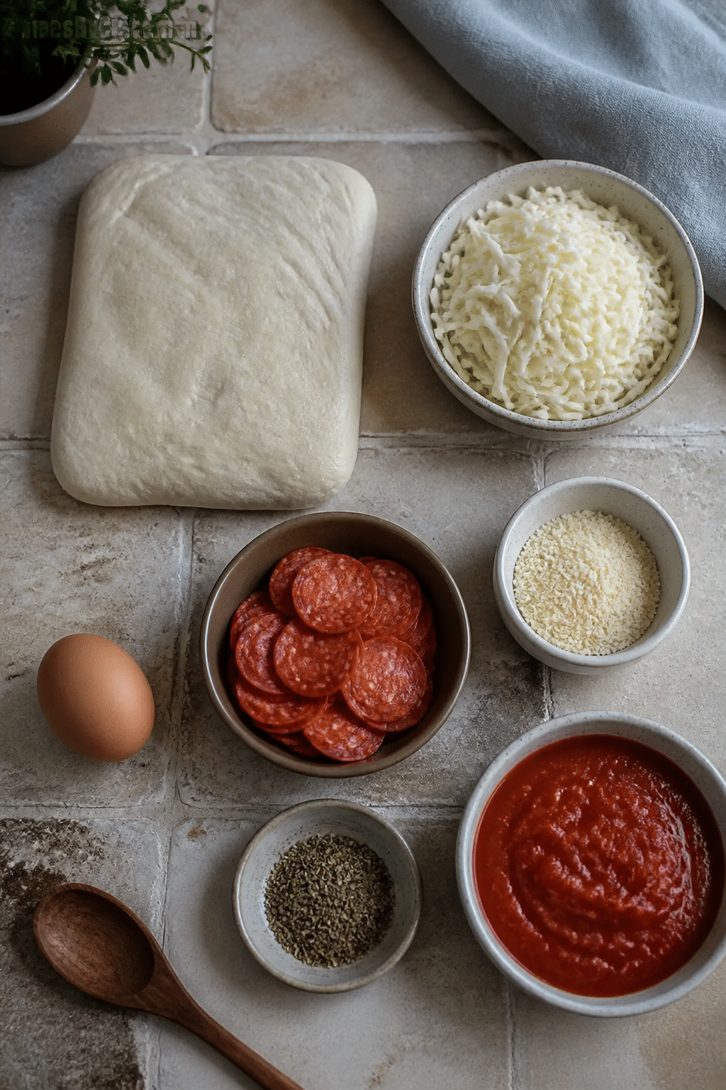 Cheesy pepperoni stromboli ingredients arranged on a kitchen counter