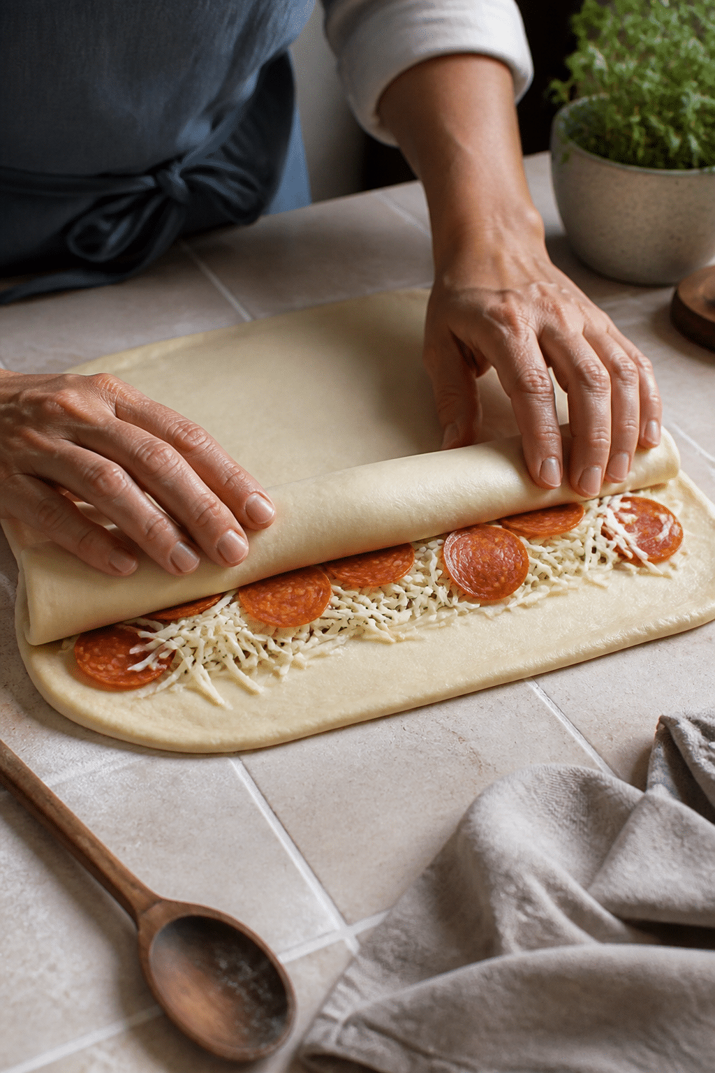 Pepperoni and cheese being rolled inside pizza dough