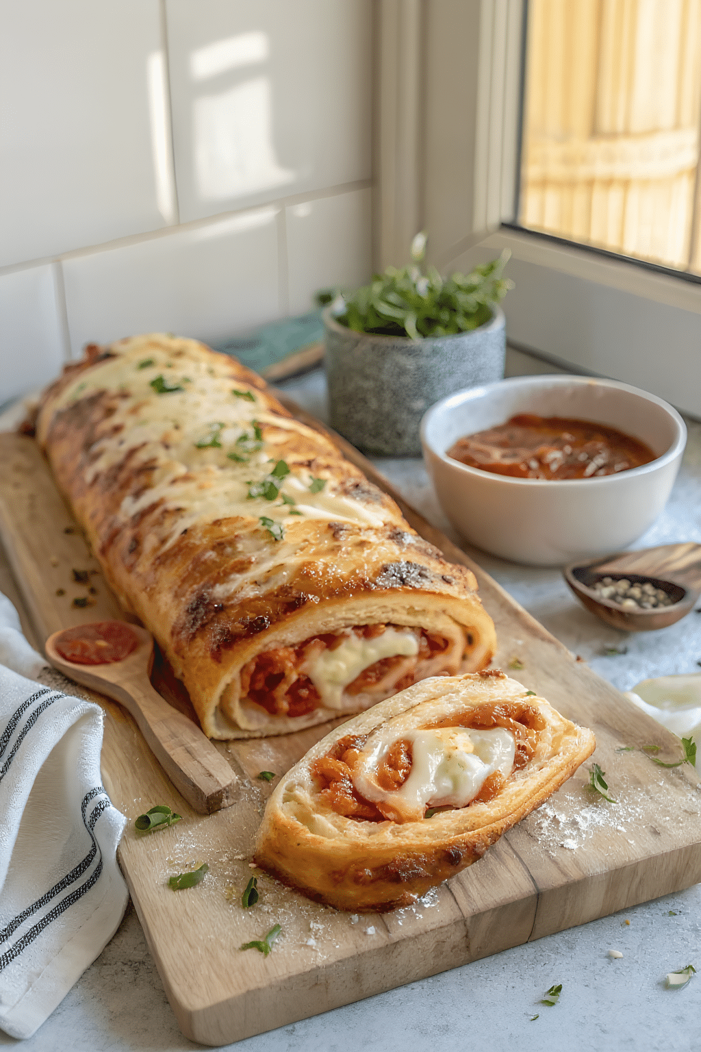 Golden cheesy pepperoni stromboli slices with marinara