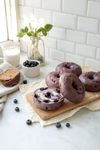 Chocolate chip blueberry bagels with glossy purple crusts