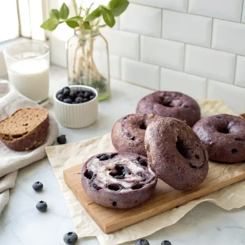Chocolate chip blueberry bagels with glossy purple crusts