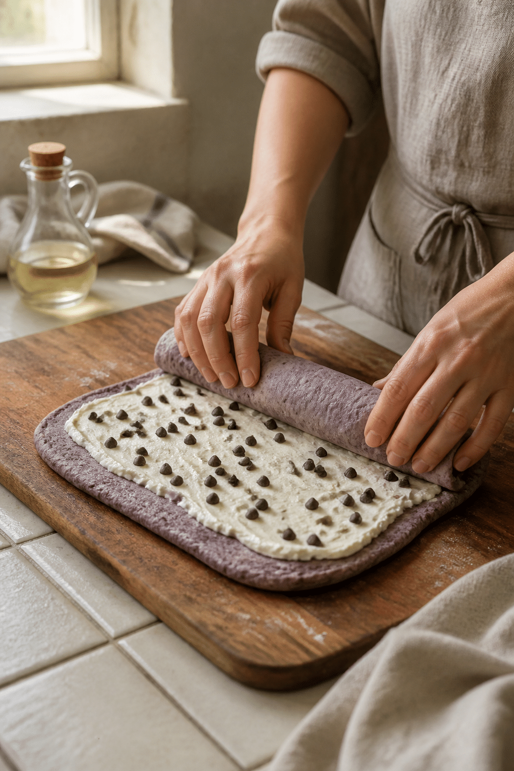Chocolate chip blueberry bagel dough being filled with cream cheese