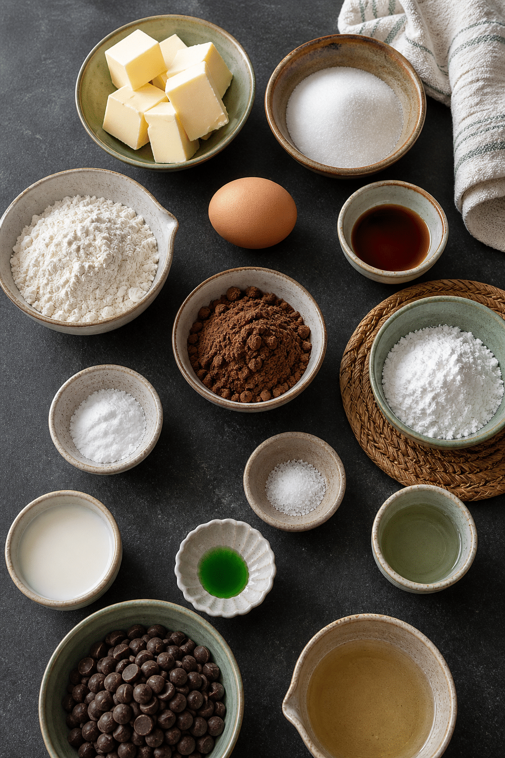 chocolate mint cookies ingredients measured and arranged