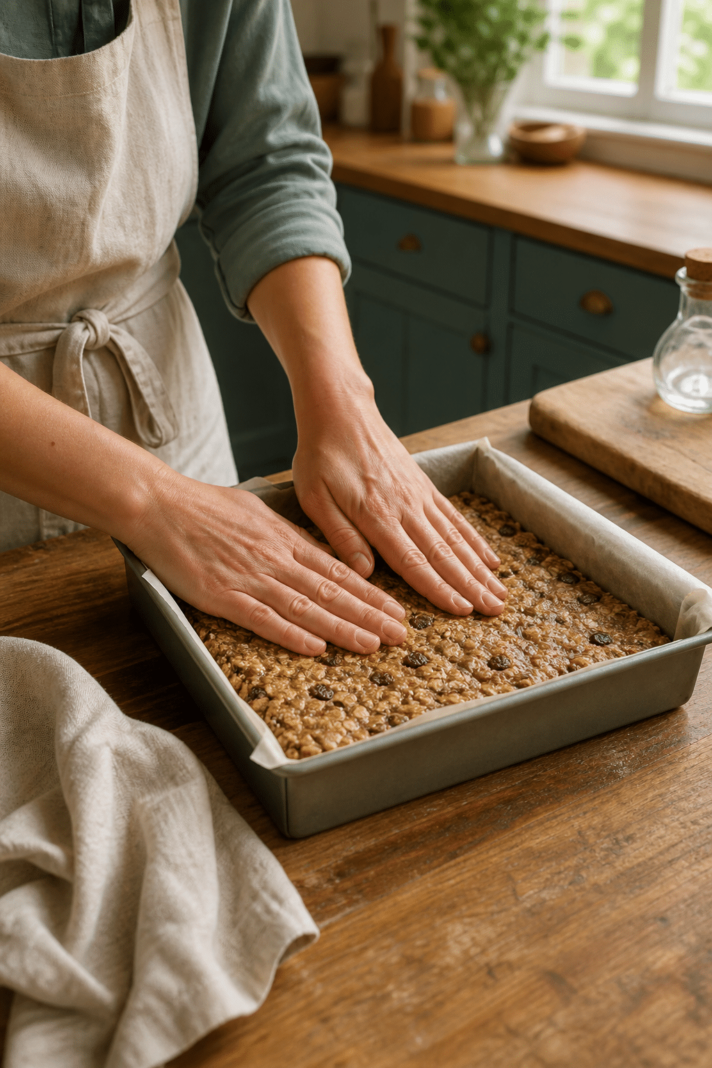 Preparing cinnamon raisin protein bars in the reserved kitchen scene