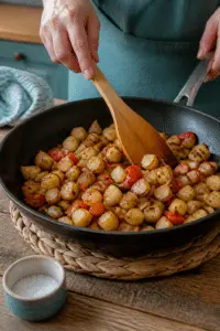 crispy breakfast potato hash with four eggs