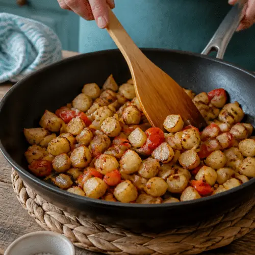 crispy breakfast potato hash with four eggs