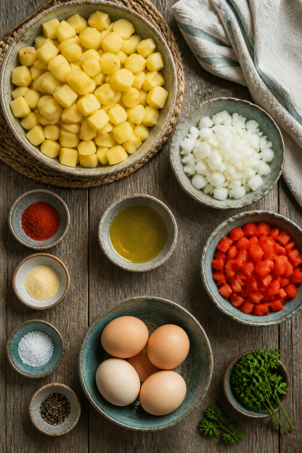 crispy breakfast potato hash ingredients on an oak worktop