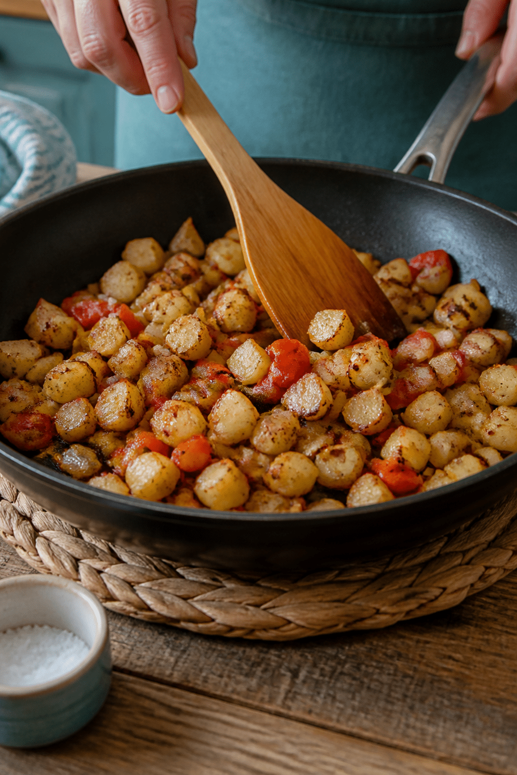 Close serving of crispy potato hash and egg