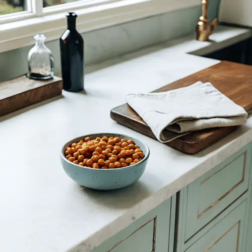 Finished crispy roasted chickpeas in the reserved kitchen scene