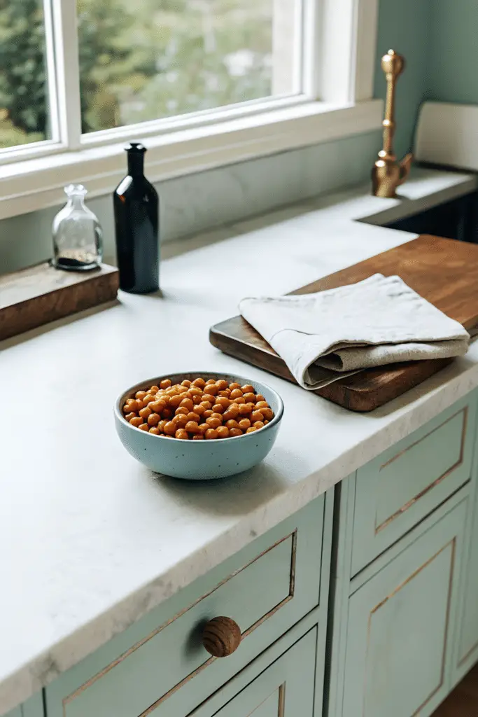 Finished crispy roasted chickpeas in the reserved kitchen scene