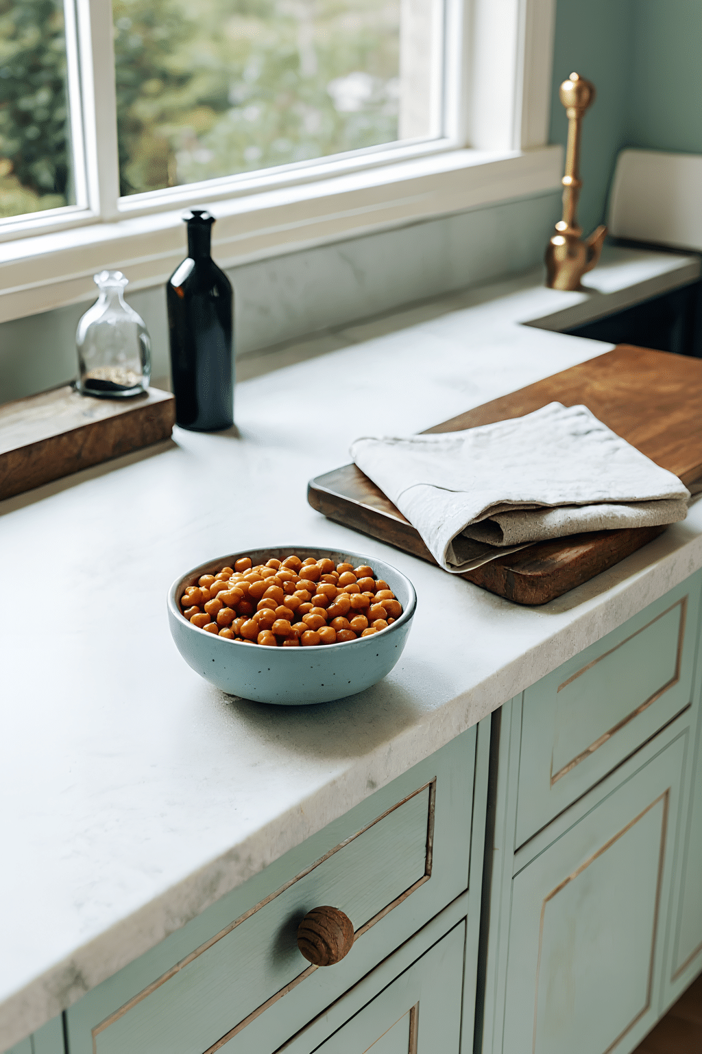 Finished crispy roasted chickpeas in the reserved kitchen scene