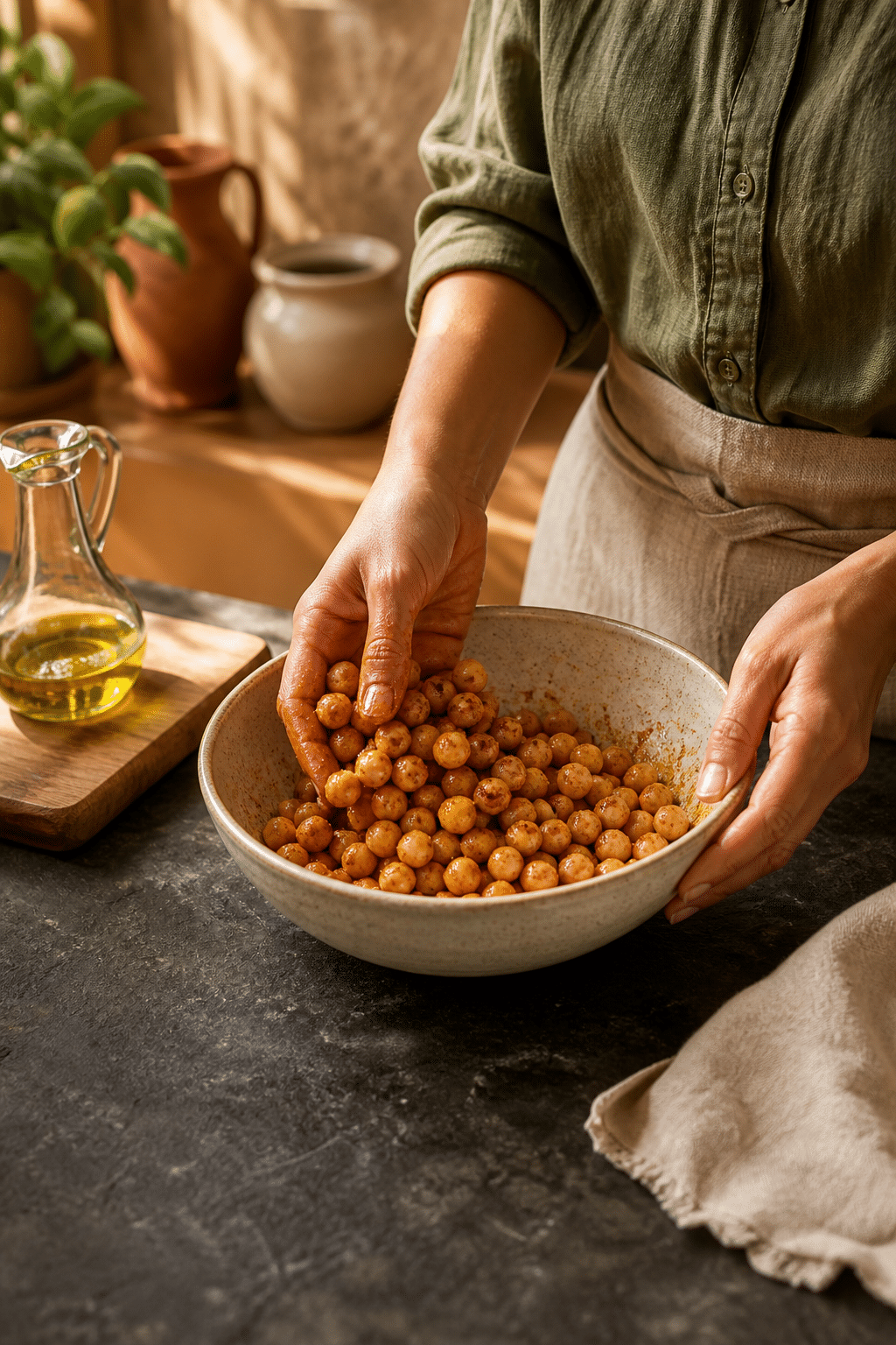Preparing crispy roasted chickpeas in the reserved kitchen scene