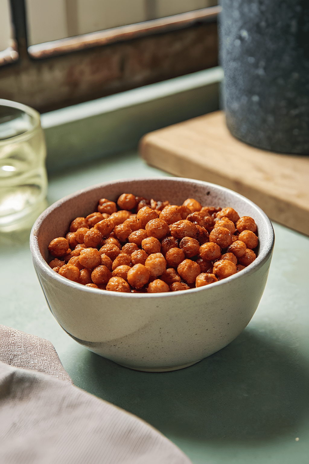Close view of the finished crispy roasted chickpeas