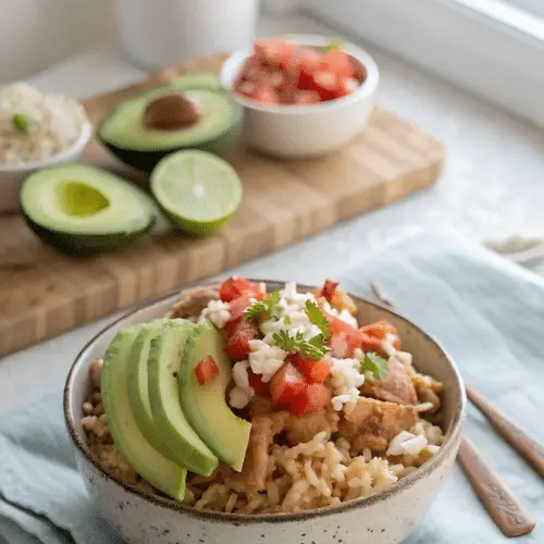 Crock pot fiesta chicken rice bowls with avocado