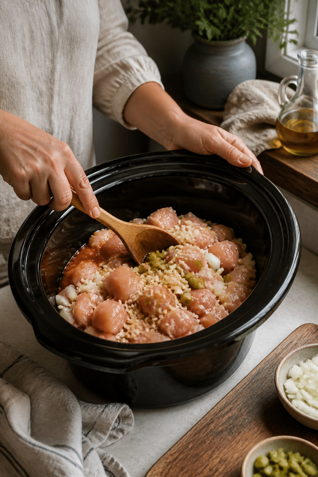 Chicken and brown rice mixture in a slow cooker