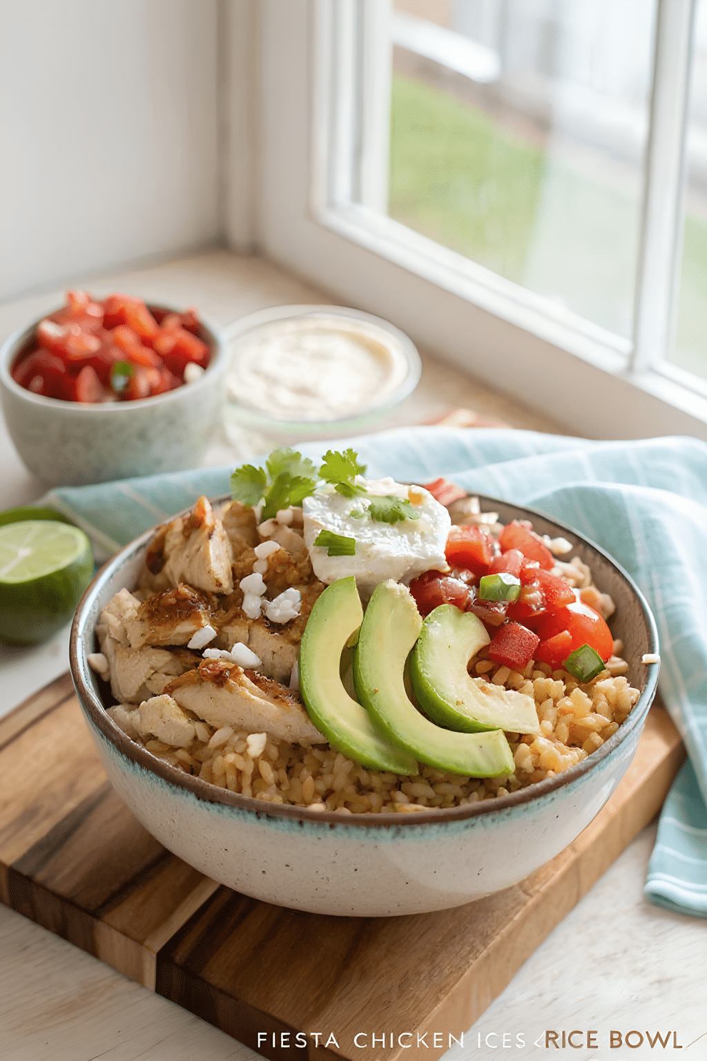Fiesta chicken rice bowl with fresh toppings