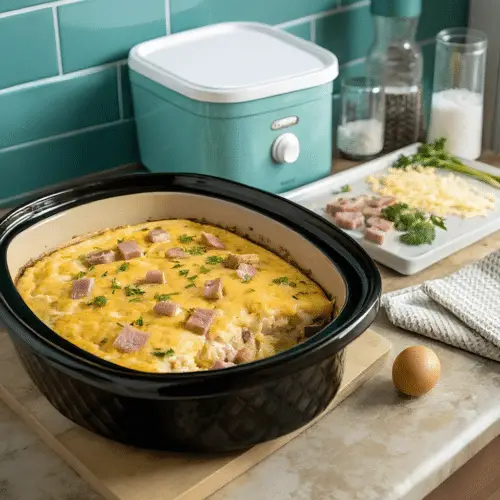Finished crockpot breakfast casserole in the reserved kitchen scene
