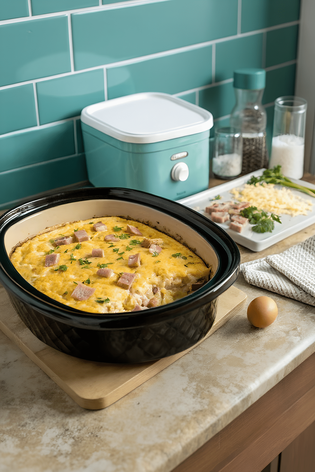 Finished crockpot breakfast casserole in the reserved kitchen scene