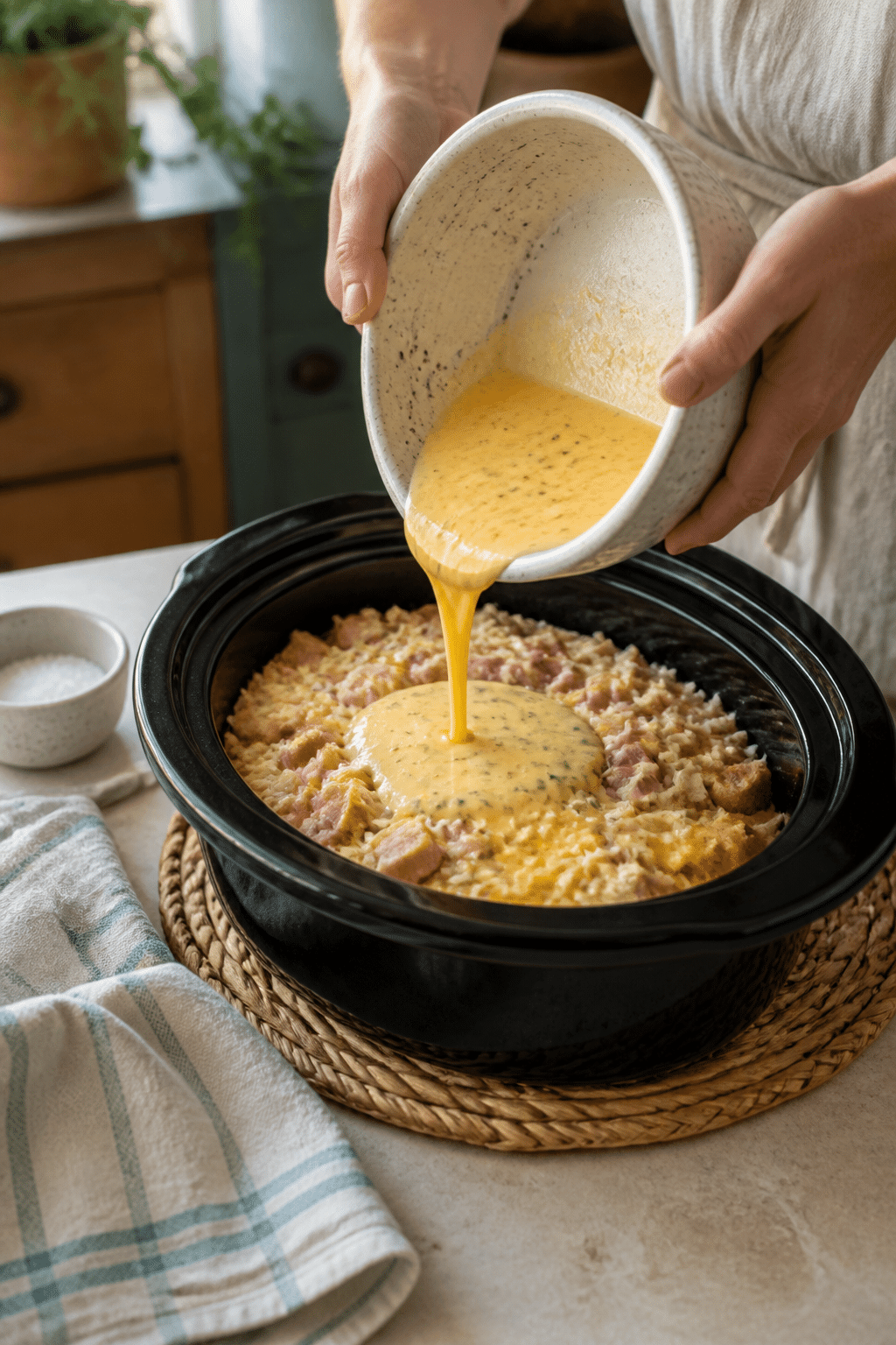 Preparing crockpot breakfast casserole in the reserved kitchen scene