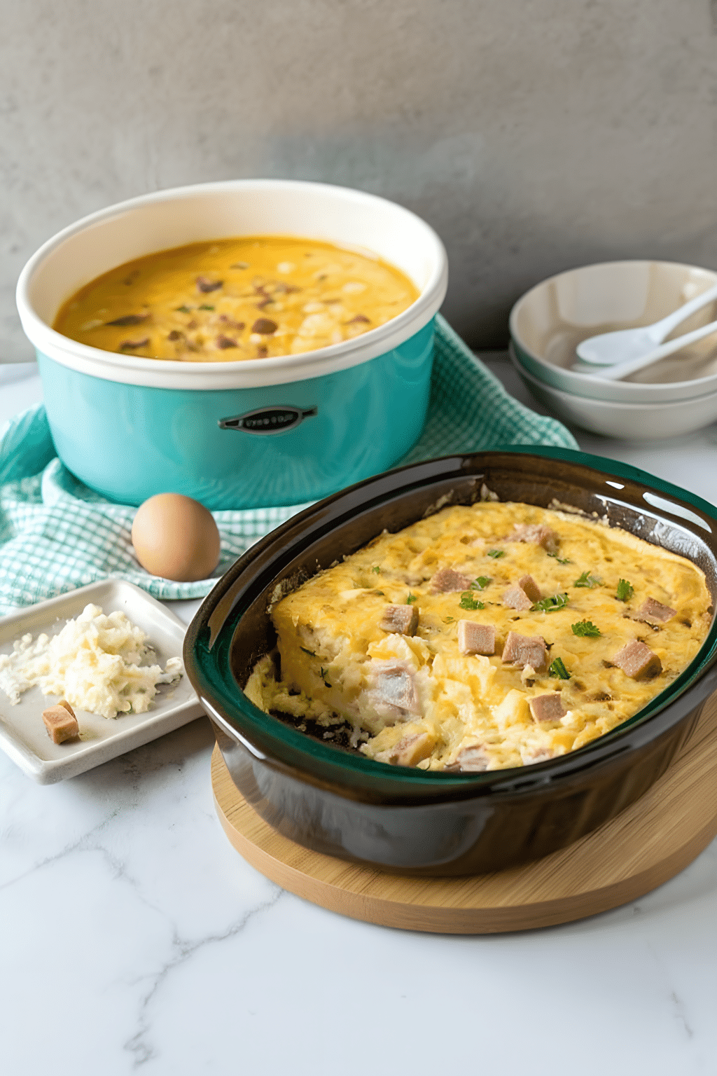 Close view of the finished crockpot breakfast casserole