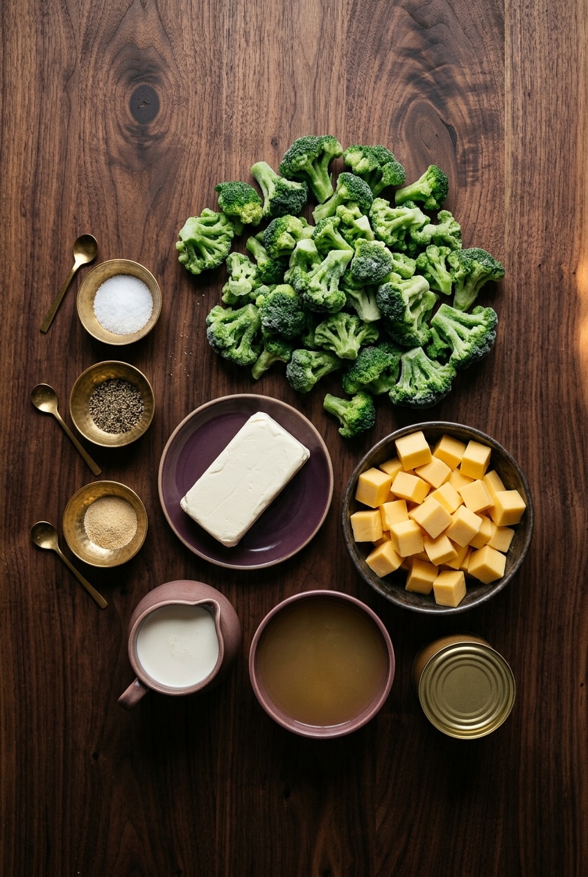 Ingredients measured for crockpot broccoli cheese soup
