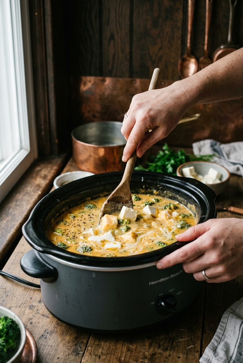 Preparing crockpot broccoli cheese soup