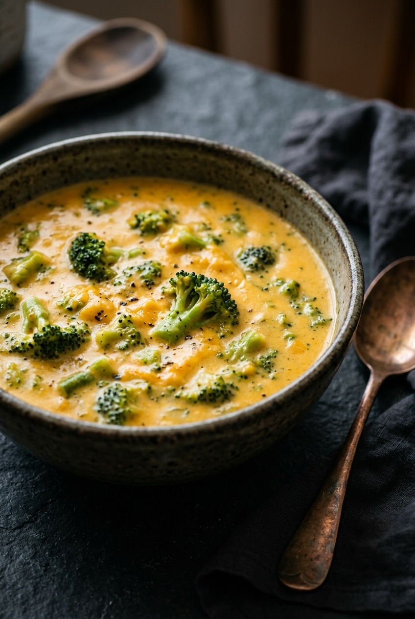 Close view of the finished crockpot broccoli cheese soup